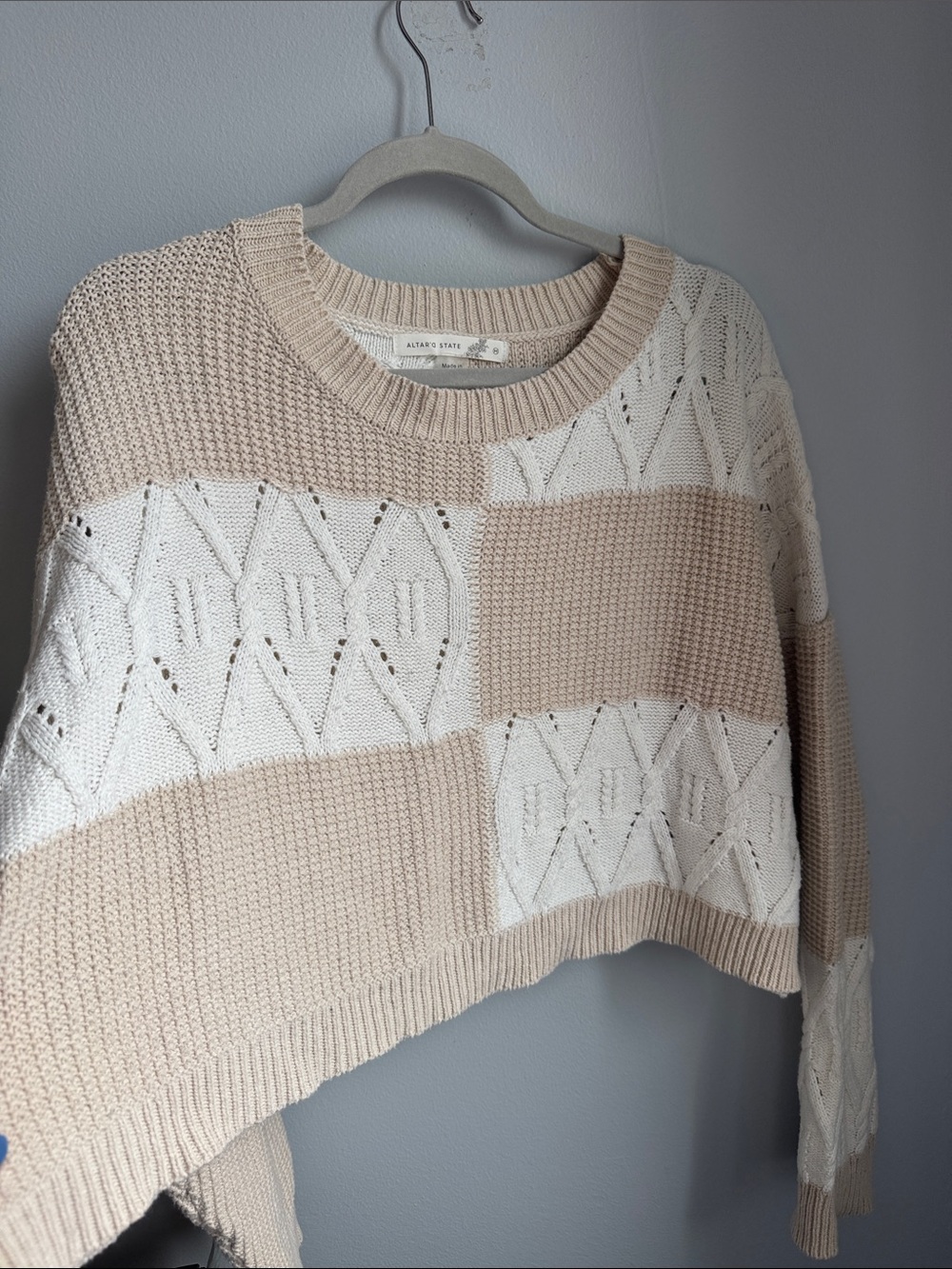 Altar’d State Beige and White Patchwork Cable Knit Sweater - Picture 2 of 4